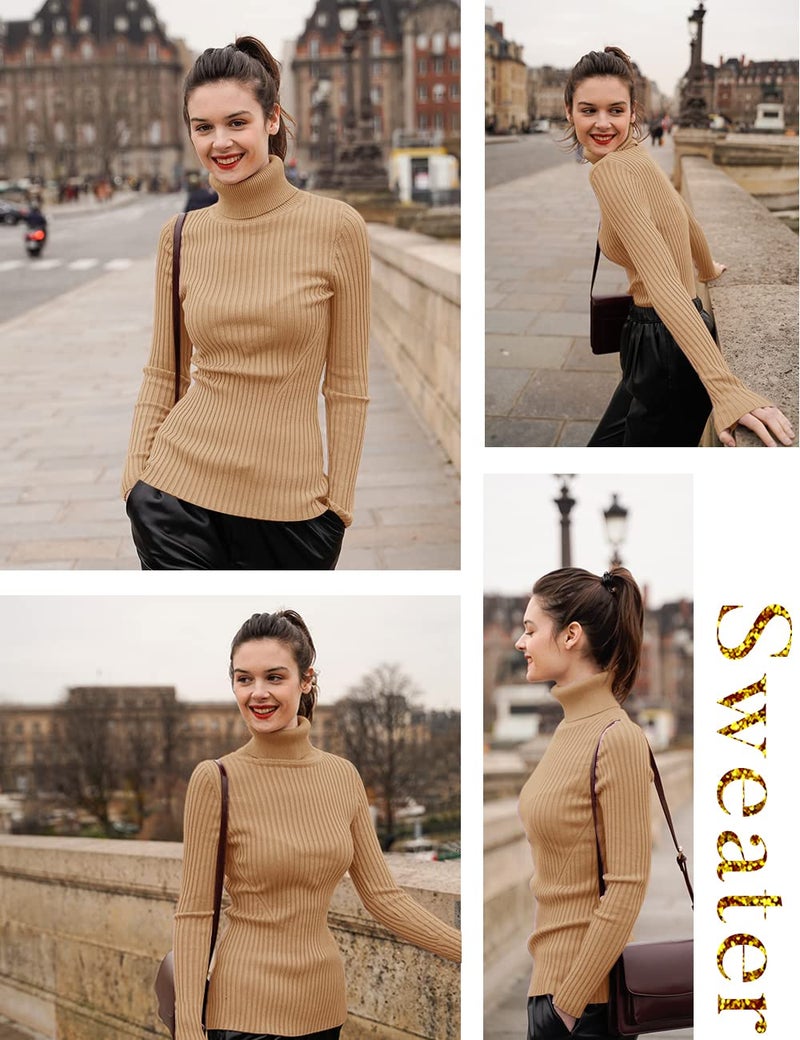 v28 Women Stretchable Turtleneck Knit Long Sleeve Slim Fit Sweater (M,Khaki) - Image 3